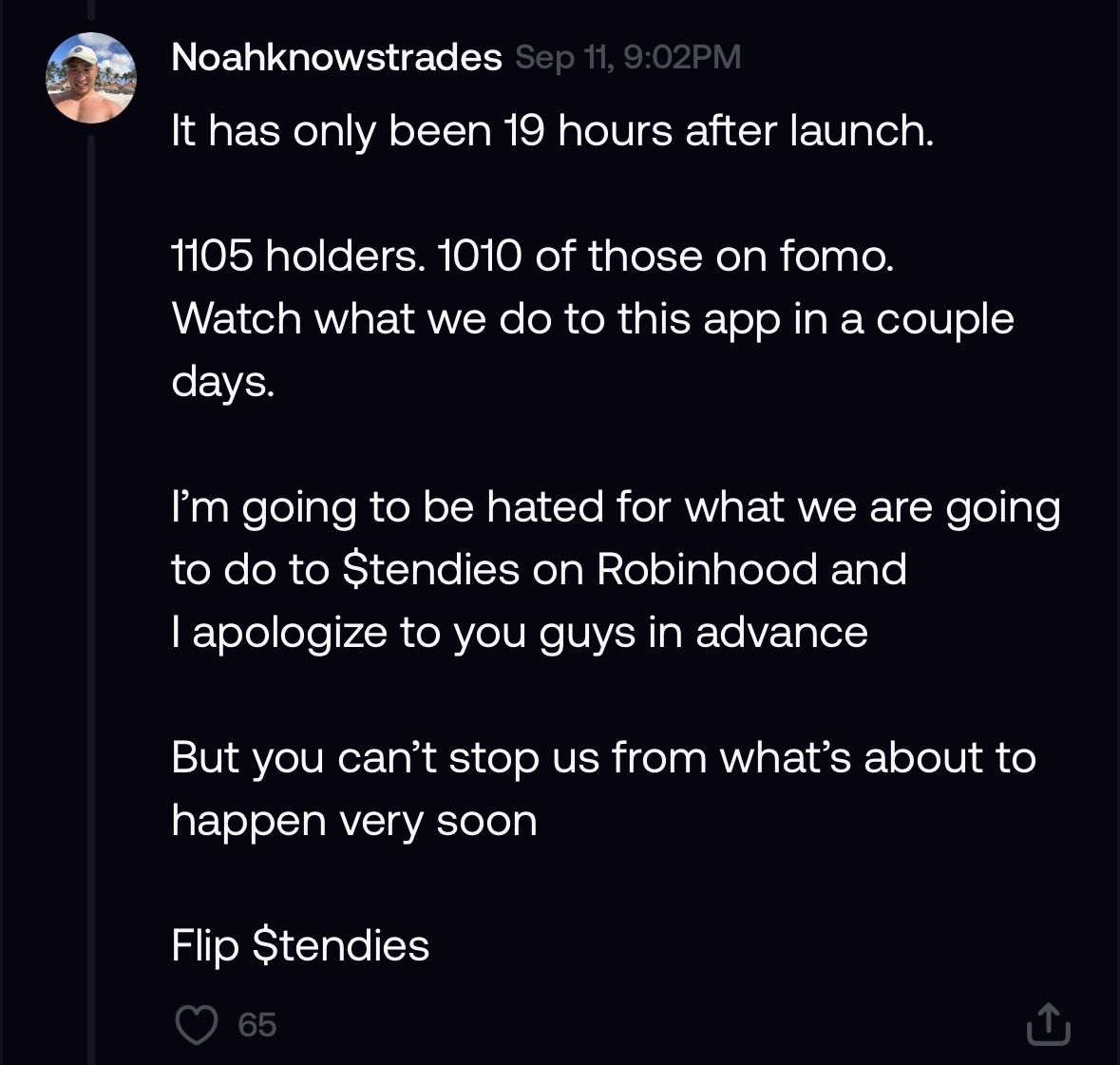 Tendies launch milestone and holder update