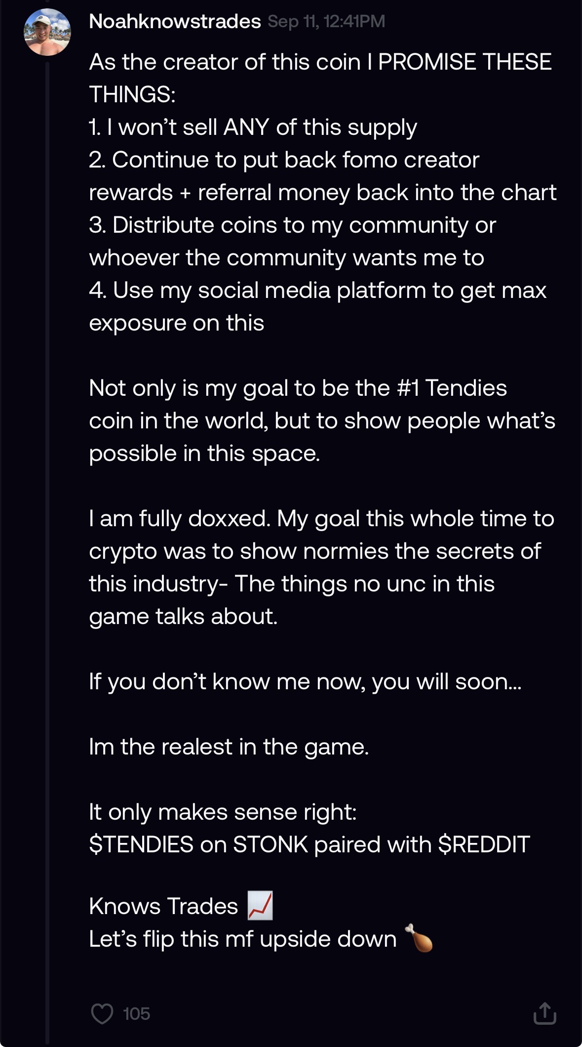 Tendies developer commitment and roadmap statement
